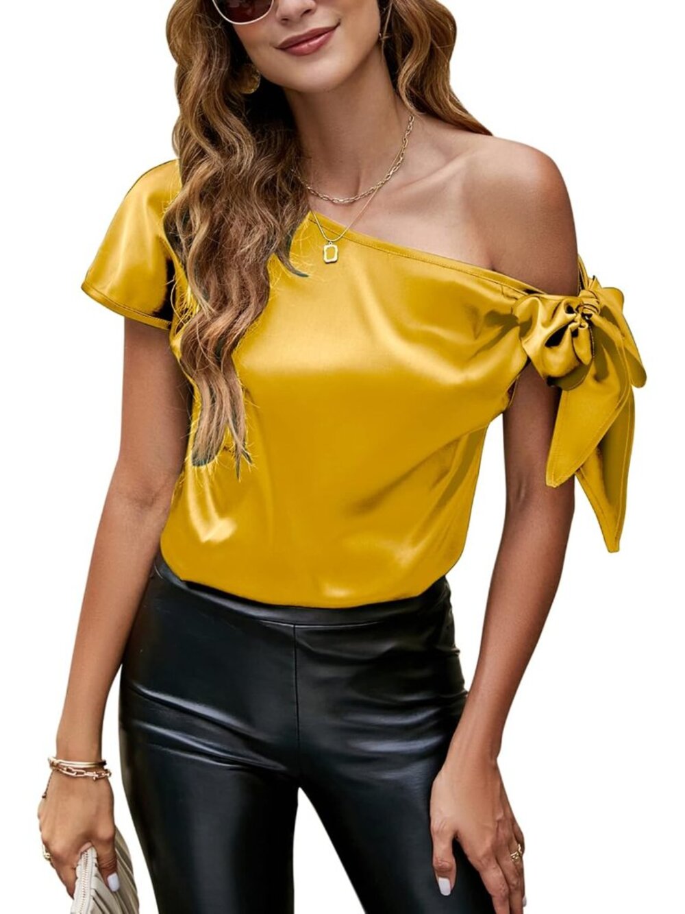 Women's Off Shoulder Silk Tops Casual Short Sleeve Asymmetrical Neck Satin Blous